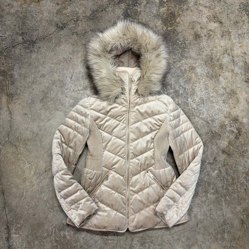 Aeropostal Style Velvety Puffer Jacket with Faux Fur Hood, Tan, Women's Size M